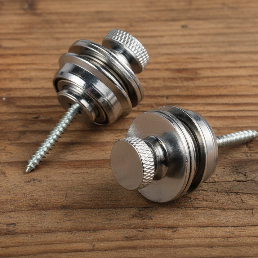 Chrome guitar strap locks, complete pair with mounting screws