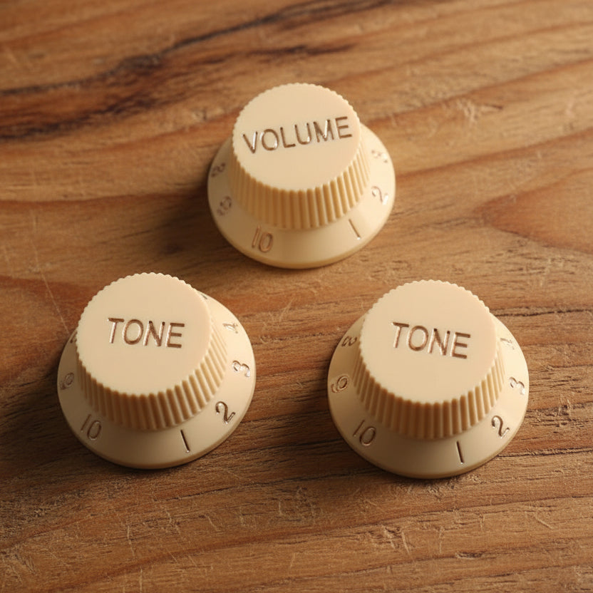 Stratocaster-style volume and tone knob set, 3-piece, 24-spline split-shaft fit