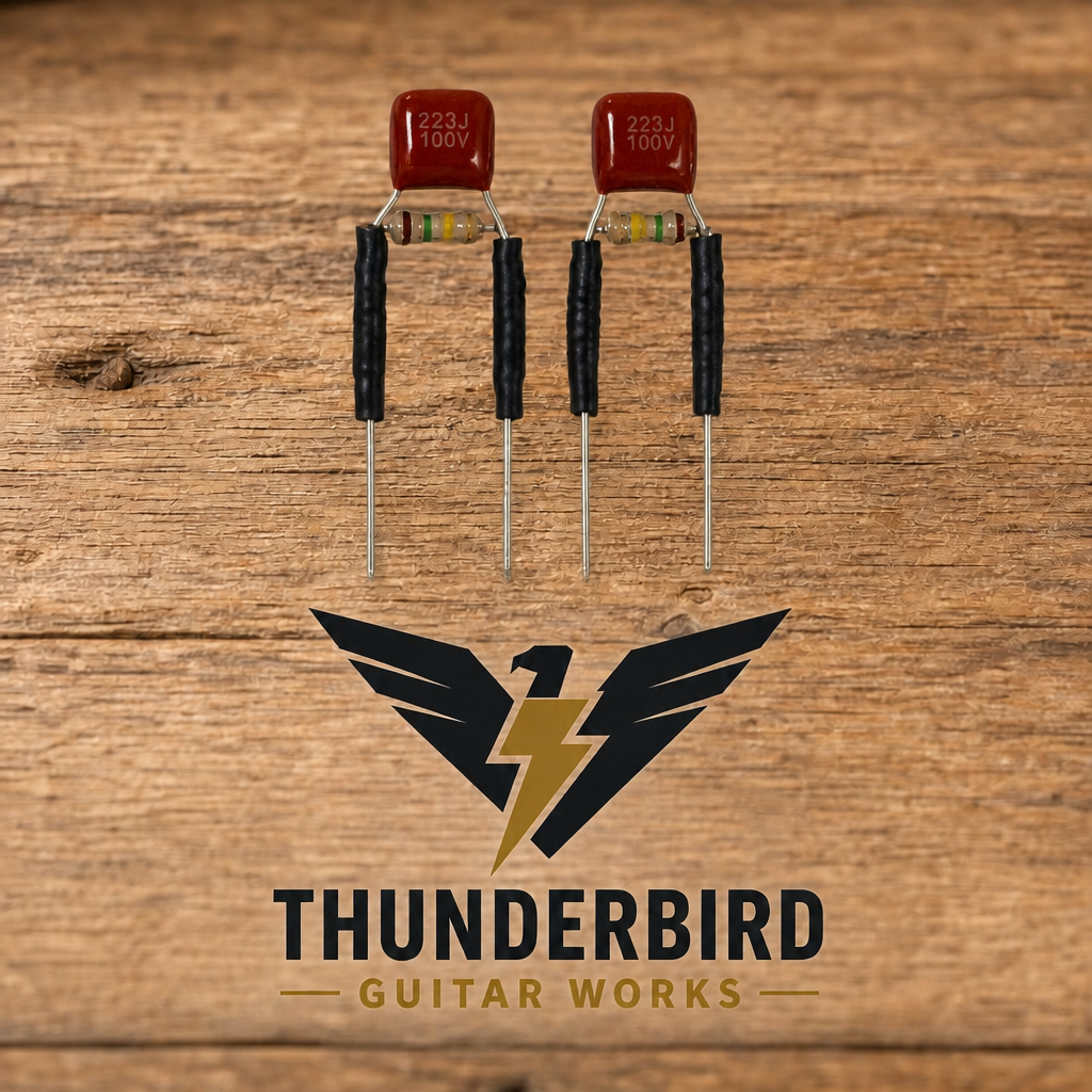 Pre-assembled ThunderTone treble-bleed mod kit, two resistor-capacitor assemblies, Thunderbird Guitar Works