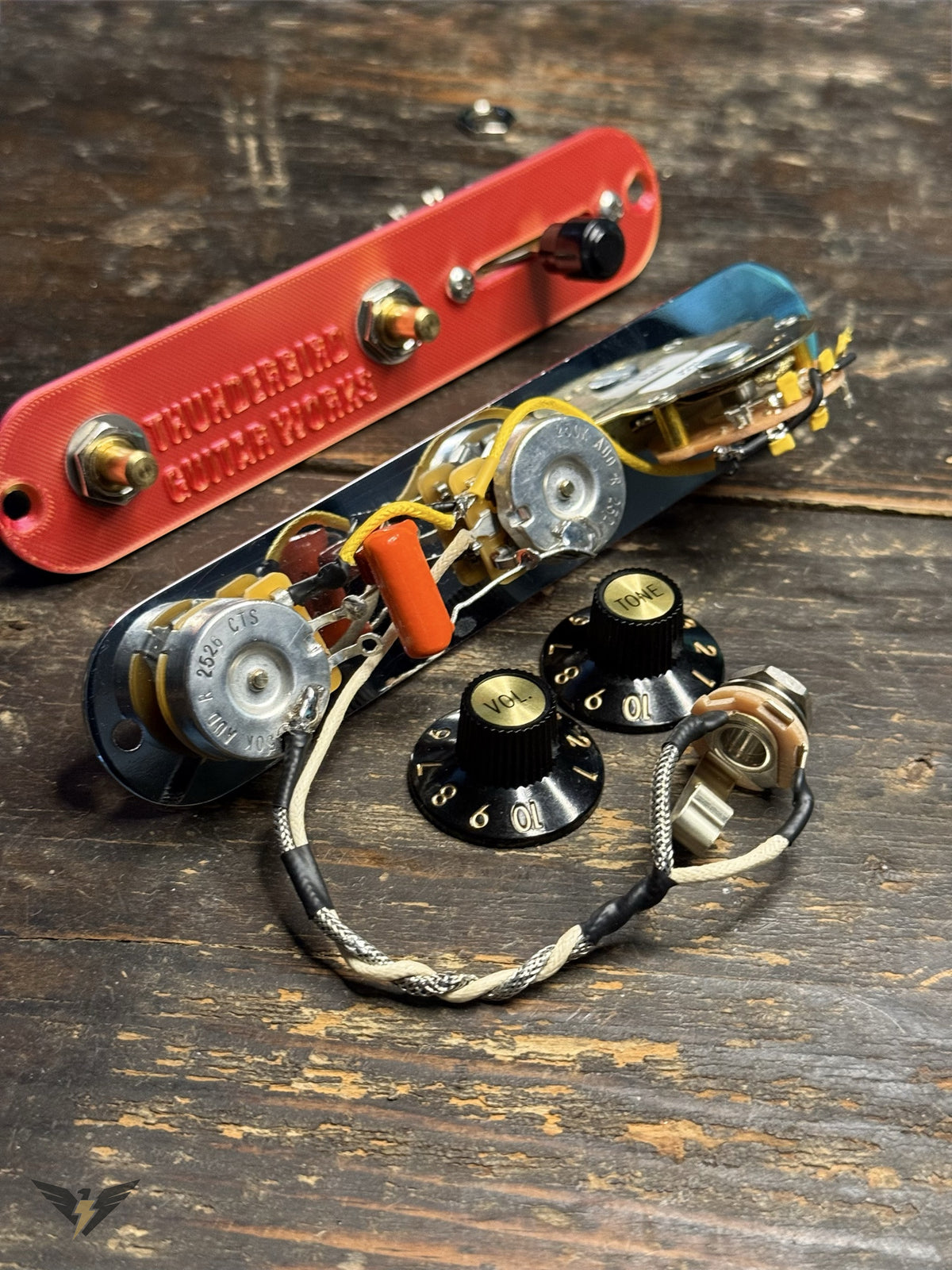 Pre-Wired Tele-Style 3-Way Control Plate — CTS 250k Pots, Oak Grigsby Switch, .047uF Orange Drop Cap