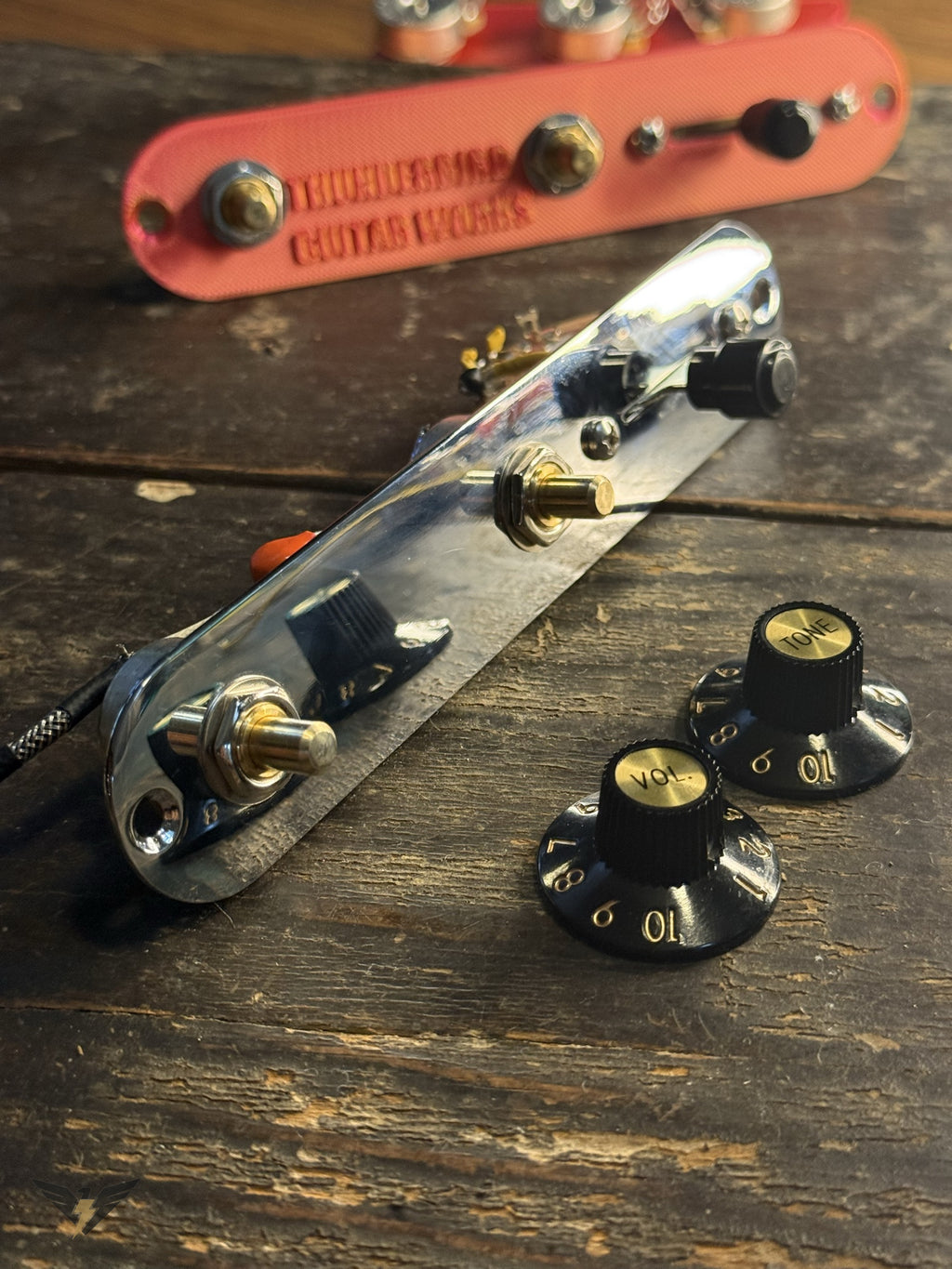 Pre-Wired Tele-Style 3-Way Control Plate — CTS 250k Pots, Oak Grigsby Switch, .047uF Orange Drop Cap
