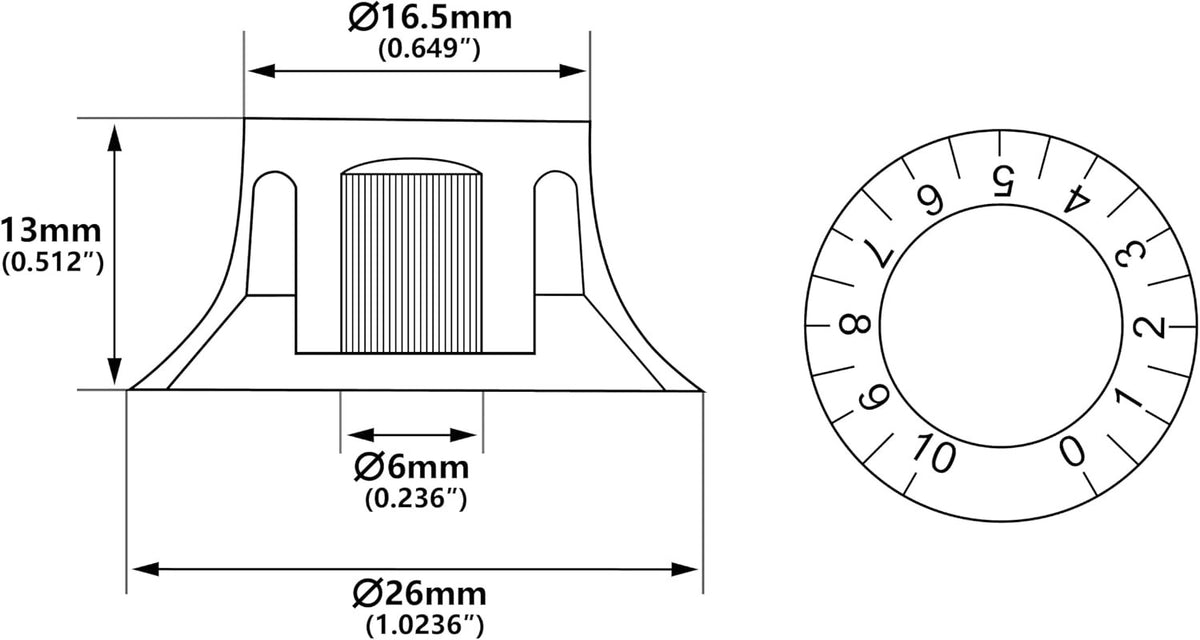 1950s-style guitar control knob dimension diagram, 26 mm diameter, 0-10 numbering