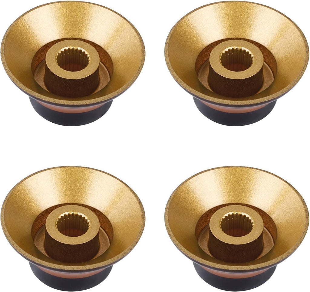 1950s-style guitar control knob set, underside view showing gold splined insert