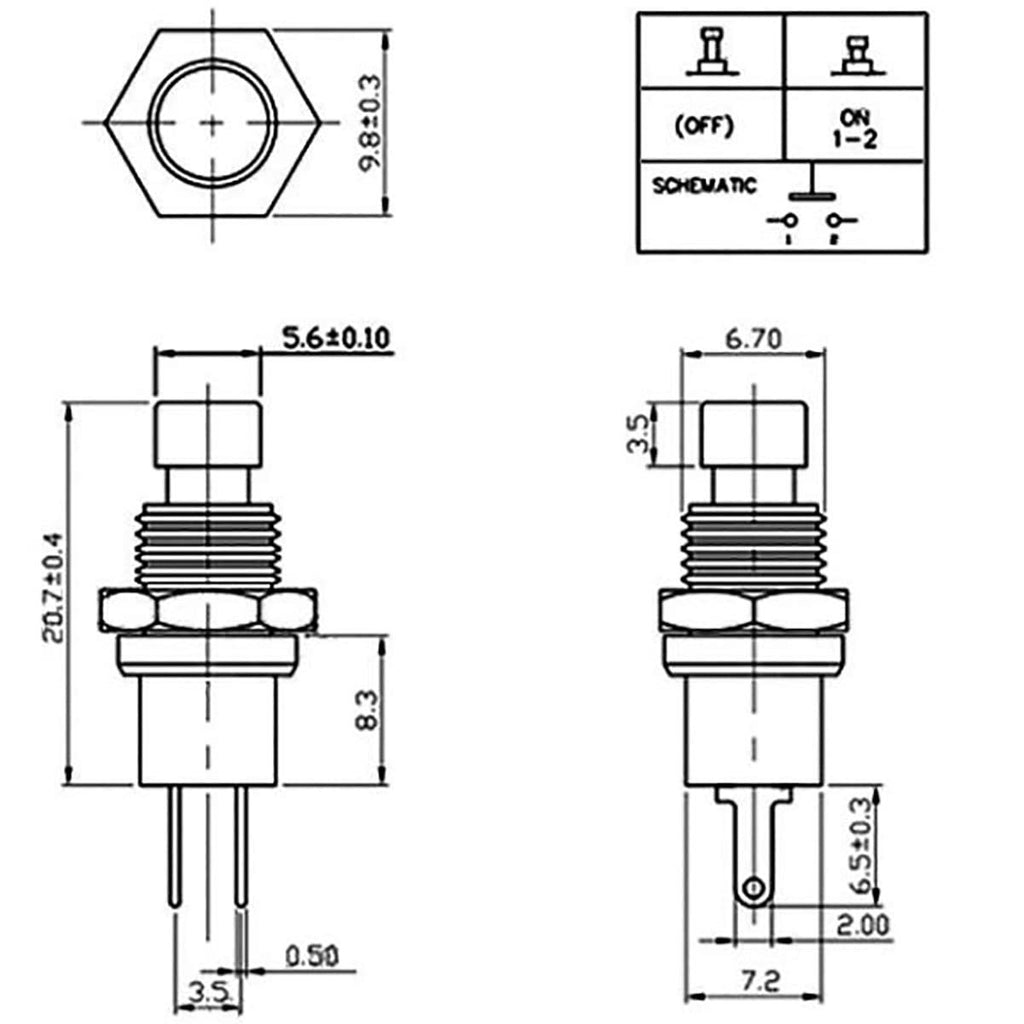 Mini momentary guitar kill switch dimension diagram, 6.9 mm thread, 20.7 mm length