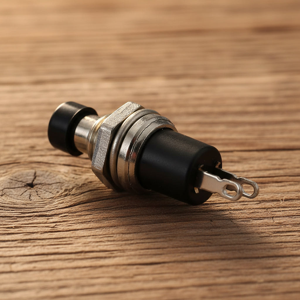 Mini momentary SPST guitar kill switch, 2-pin, 6.9 mm thread, angled view on workbench
