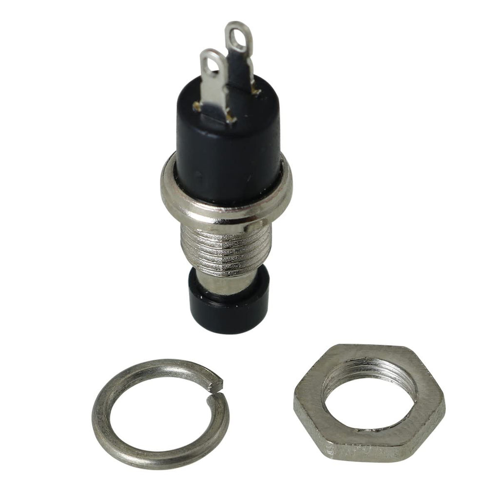Mini momentary SPST guitar kill switch, front view with mounting nut and lock washer